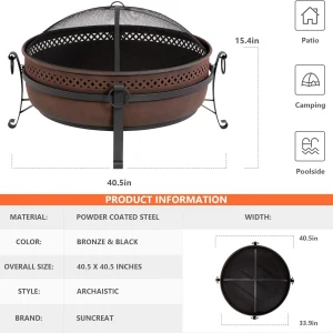 SUNCREAT 42-Inch Wood Burning Patio Fire Pit, Black, 42.1 Inch Diameter x 25.2 Inch High