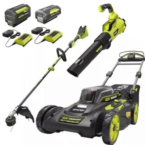 RYOBI 40-Volt 20 in Mower, String Trimmer And Leaf Blower Kit With 2 Batteries, 2 Chargers - RY401120-Y, RY40270, RY40407BTLVNM