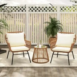 3-Piece Rattan Patio Conversation Set With Glass-Top Bistro Table, Two Wide-Arm Chairs And Seat Cushions