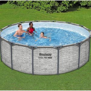 Steel Pro MAX 14 Foot x 48 Inch Round Steel Frame Above Ground Pool Set With 1,000 Filter Pump, Ladder And Cover - Gray
