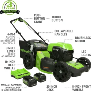 Greenworks 48V (24V x 2) 20in Cordless Battery Mower, 12in String Trimmer/Edger And 320 CFM Blower Combo Kit - 4.0Ah Batteries