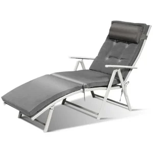 7 Position Folding Outdoor Chaise Lounge Chair With Cushion And Pillow