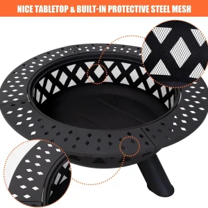 SUNCREAT 42-Inch Wood Burning Patio Fire Pit, Black, 42.1 Inch Diameter x 25.2 Inch High