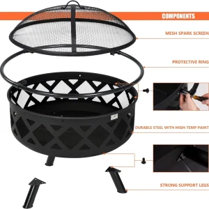 SUNCREAT 42-Inch Wood Burning Patio Fire Pit, Black, 42.1 Inch Diameter x 25.2 Inch High