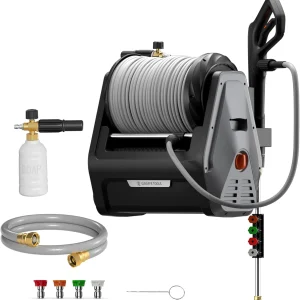 Giraffe Tools Grandfalls Retractable Wall Mount Pressure Washer Plus, 100ft Hose, 2900PSI, 2.2 GPM, Dark Silver - Grandfalls