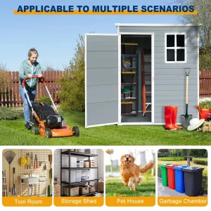 Seizeen Outdoor Resin Storage Shed, 41 Cu. Ft. / 306 Gal, Gray, 3 Doors With Floor
