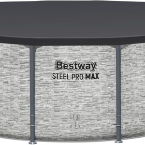 Steel Pro MAX 14 Foot x 48 Inch Round Steel Frame Above Ground Pool Set With 1,000 Filter Pump, Ladder And Cover - Gray
