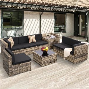 8-Piece Outdoor Wicker Rattan Sectional Patio Furniture Set With Cushions And Glass Top Storage Table - Black
