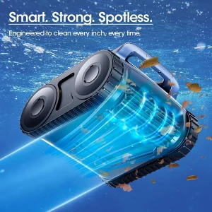 Cordless Robotic Pool Vacuum Cleaner With Track Drive, Sonar Navigation, 180W Brushless Motor, 150-Min Runtime, Dark Blue