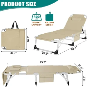 Slsy 5-Position Adjustable Folding Lounge Chair And Cot - 75.2" x 25.6" x 11.8"