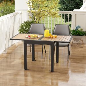 Extendable Outdoor Dining Table, Aluminum Frame, Dark Grey, Slatted Top - 80D x 160W x 75H Centimetres