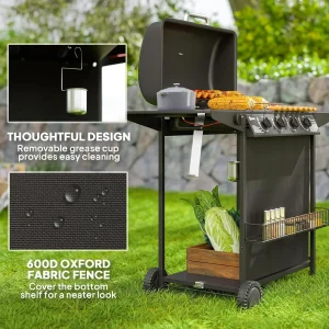 4+1 Burner Propane Gas BBQ Grill With Side Burner, 54 x 121 x 97 cm, Black