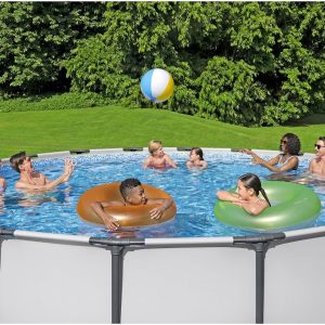 Steel Pro MAX 14 Foot x 48 Inch Round Steel Frame Above Ground Pool Set With 1,000 Filter Pump, Ladder And Cover - Gray