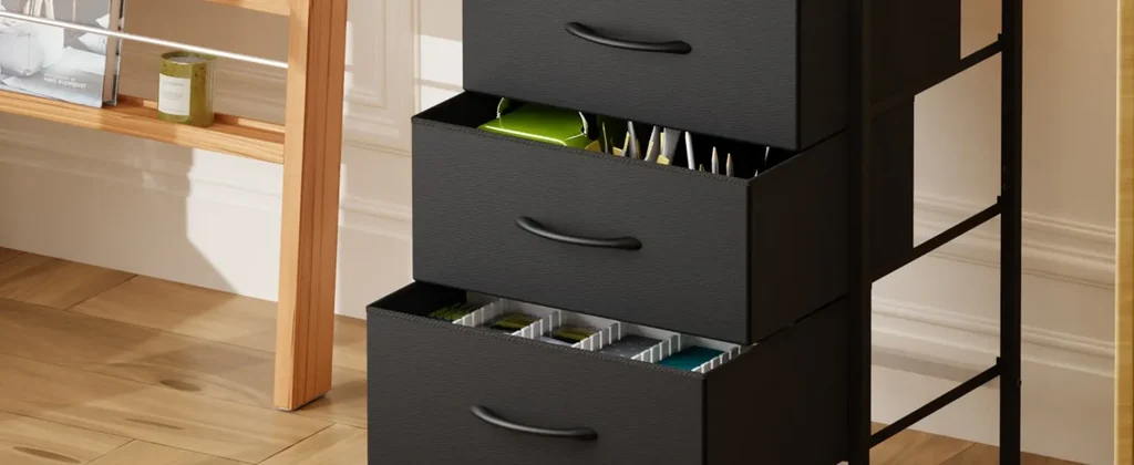 41 Inch Tall Nightstand 3 Fabric Storage Drawers Detail