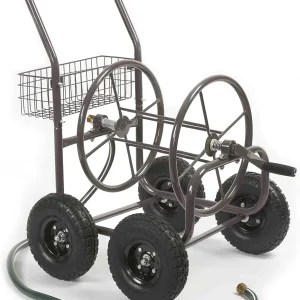 Residential Grade Four Wheel Steel Frame Water Hose Reel Cart With Basket, Brown Bronze - 250 Foot Capacity