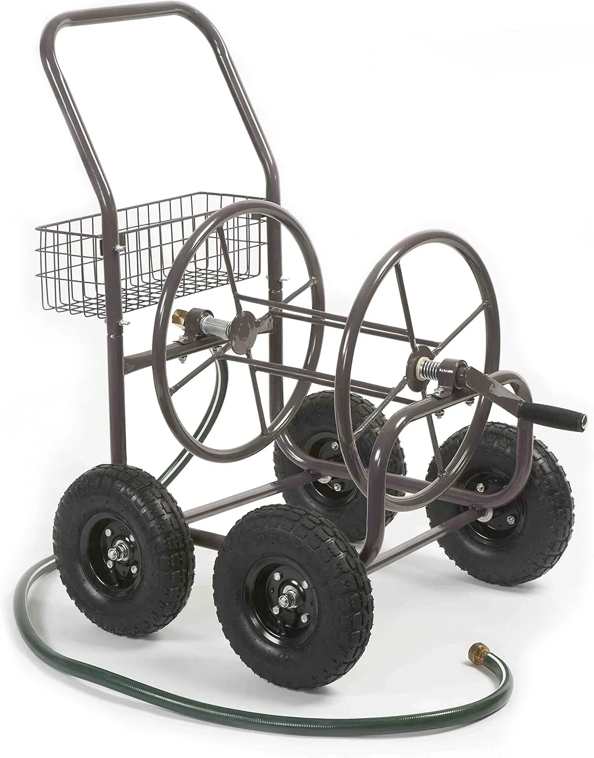 Residential Grade Four Wheel Steel Frame Water Hose Reel Cart With Basket, Brown Bronze - 250 Foot Capacity