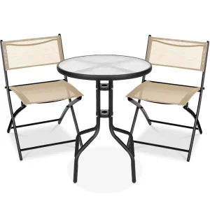 Best Choice Products 3-Piece Patio Bistro Dining Set With Glass Tabletop And Folding Chairs - Gray