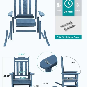 SERWALL Outdoor HDPE Oversized Rocking Chair Set Of 4, Blue, 35in D x 26.9in W x 41.3in H