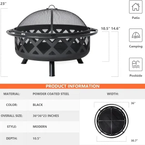 SUNCREAT 42-Inch Wood Burning Patio Fire Pit, Black, 42.1 Inch Diameter x 25.2 Inch High