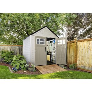 Rubbermaid Resin Outdoor Garden Storage Shed With Windows And Utility Hooks, Sand - 7x7 Ft