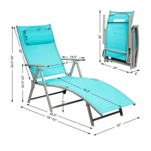 7 Position Folding Outdoor Chaise Lounge Chair With Cushion And Pillow