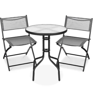 Best Choice Products 3-Piece Patio Bistro Dining Set With Glass Tabletop And Folding Chairs - Gray