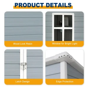 Seizeen Outdoor Resin Storage Shed, 41 Cu. Ft. / 306 Gal, Gray, 3 Doors With Floor