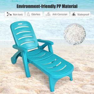 Rolling Folding Plastic Pool Lounge Chair With Armrests, 5 Position - Patio Deck Beach Chair