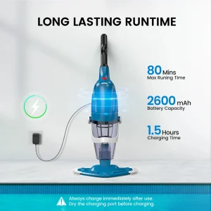 Cordless Handheld Pool Vacuum Cleaner With 80-Minute Runtime And 3.2-6.4 ft Telescopic Pole