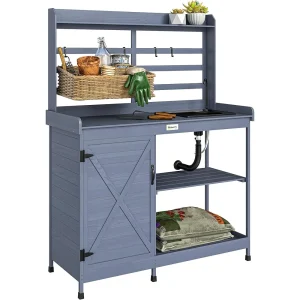 Outsunny Outdoor Wooden Potting Bench Table With Sink And Water Tap - Gray