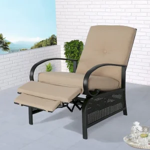 Adjustable Patio Recliner Lounge Chair With Cushion, 300 lbs - 38 (D) x 26.5 (W) x 38.5 (H) Inches