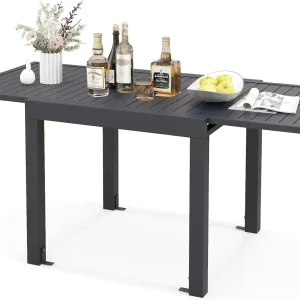 Extendable Outdoor Dining Table, Aluminum Frame, Dark Grey, Slatted Top - 80D x 160W x 75H Centimetres