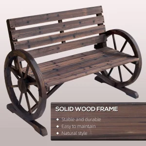 Outsunny Wooden Wagon Wheel Bench, 2-Person, Fir Wood, Carbonized, 41.5in L x 23.25in W x 29.5in H - 84B-183