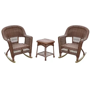 Jeco Resin Wicker Outdoor Patio Rocker Chair And End Table Set, 3-Piece, White