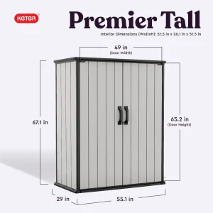 Keter Premier Tall Vertical Resin Outdoor Storage Shed With Floor And Locking Double Doors - Grey