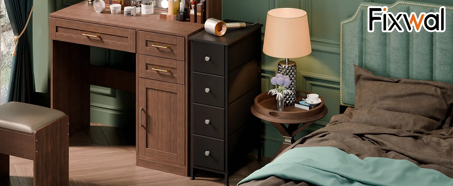 Fixwal Narrow 4-Drawer Dresser Bedroom Vanity Setup