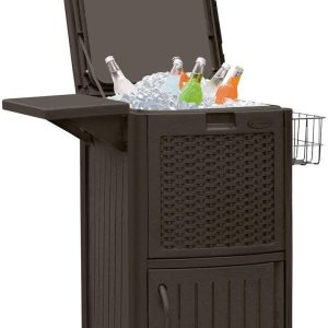 Suncast 77 Quart Resin Beverage Cart, Java, With 33 Gallon Resin Trash Can
