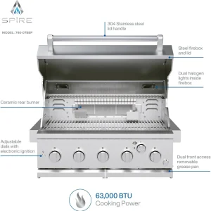 Spire 5 Burner Built-In Propane Gas Grill, Stainless Steel, 30 Inch, 750 SQ In, 63,000 BTUs - 740-0788P