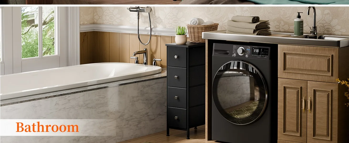 Slim Storage Cabinet in Bathroom Beside Washing Machine
