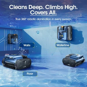 Cordless Robotic Pool Vacuum Cleaner With Track Drive, Sonar Navigation, 180W Brushless Motor, 150-Min Runtime, Dark Blue