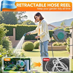 GILBEST Retractable Garden Hose Reel, 100 ft x 5/8 in, Green, 10-Function Nozzle