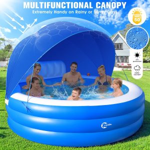 Inflatable Family Lounge Pool With Canopy, Bench And Backrest, 92in x 92in x 26in - Blue
