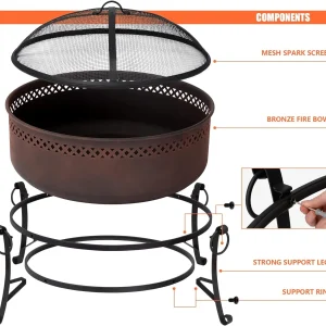 SUNCREAT 42-Inch Wood Burning Patio Fire Pit, Black, 42.1 Inch Diameter x 25.2 Inch High