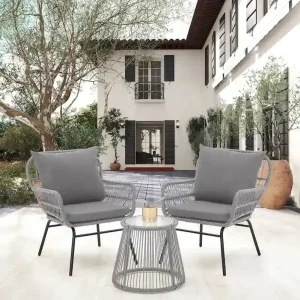 3-Piece Outdoor Rattan Bistro Set With Glass-Top Table, Wide-Arm Chairs And Seat Cushions