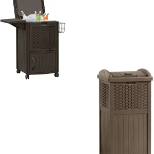 Suncast 77 Quart Resin Beverage Cart, Java, With 33 Gallon Resin Trash Can