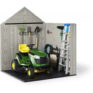 Rubbermaid Resin Outdoor Garden Storage Shed With Windows And Utility Hooks, Sand - 7x7 Ft