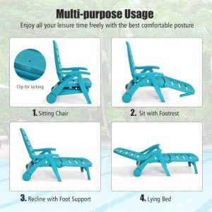 Rolling Folding Plastic Pool Lounge Chair With Armrests, 5 Position - Patio Deck Beach Chair
