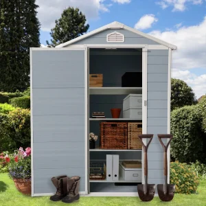 Seizeen Outdoor Resin Storage Shed, 41 Cu. Ft. / 306 Gal, Gray, 3 Doors With Floor