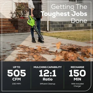 Greenworks 40V Cordless Brushless Leaf Blower Vacuum With Bag, 230 MPH, 505 CFM, 5.0Ah Battery And Charger