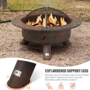 SUNCREAT 42-Inch Wood Burning Patio Fire Pit, Black, 42.1 Inch Diameter x 25.2 Inch High